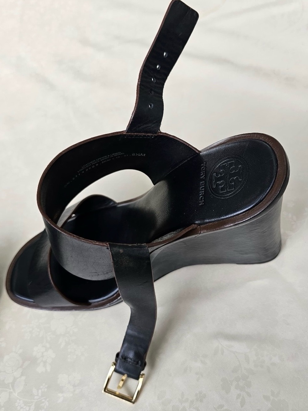 π€ Tory Burch Black Leather Platform Wedge Sandals Size 8.5 - Picture 9 of 14